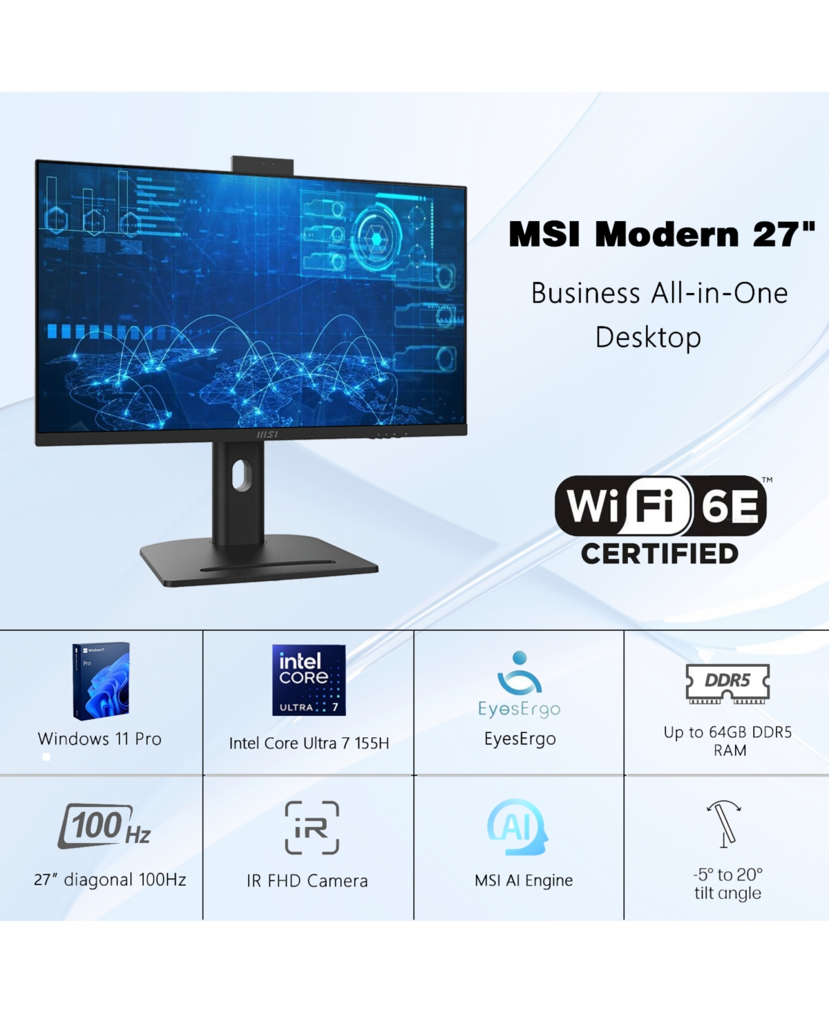 Msi Modern AM273QP Ai 27" Business All-in-One Intel Core Ultra 7 155H 16GB Ram Intel Arc Graphics 1TB Ssd Storage Windows 11 Home Qhd 100Hz