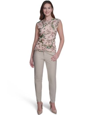 Women's Ruched Side Seam Crew Neck Floral Top