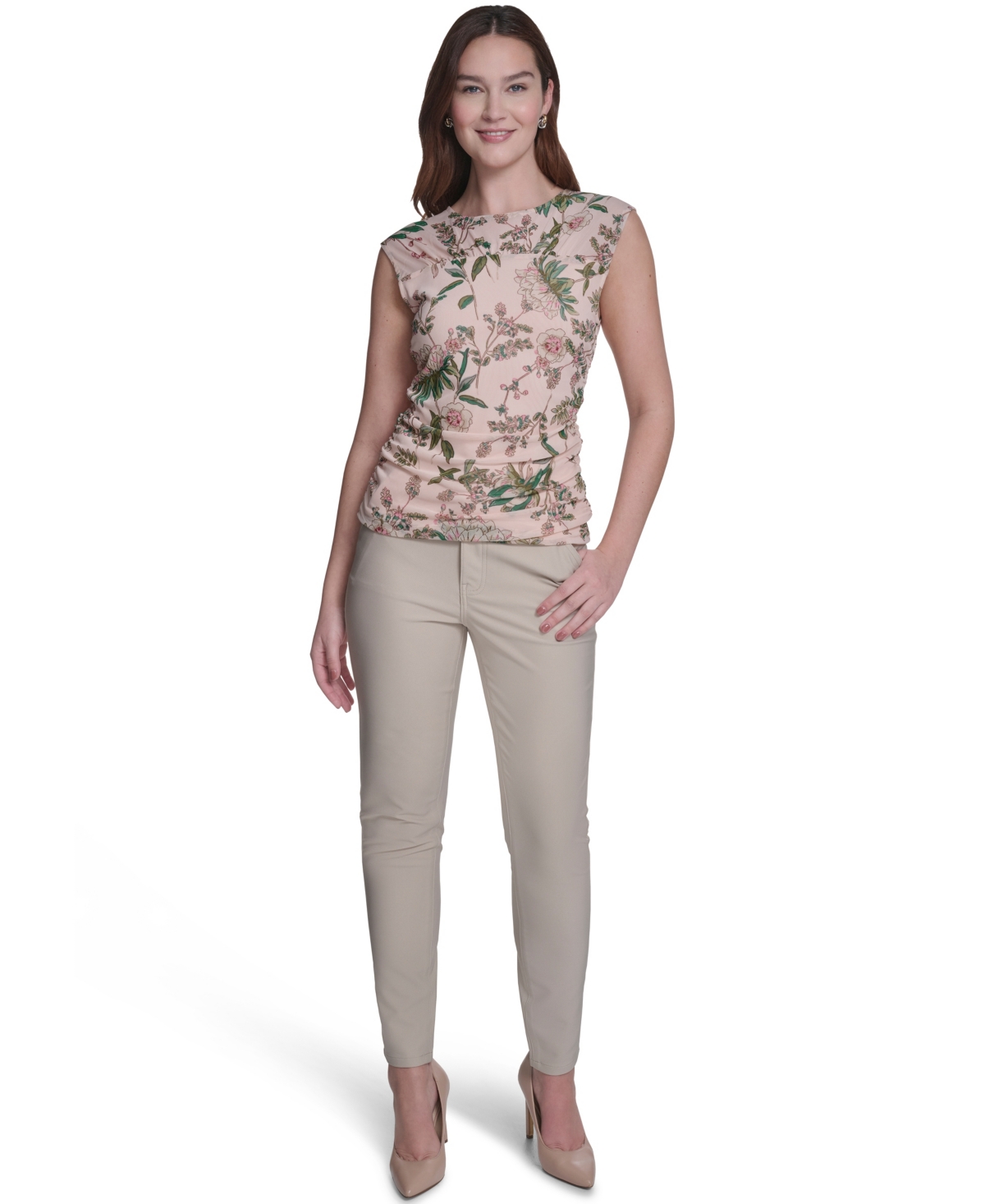Tommy Hilfiger Women's Ruched Side Seam Crew Neck Floral Top