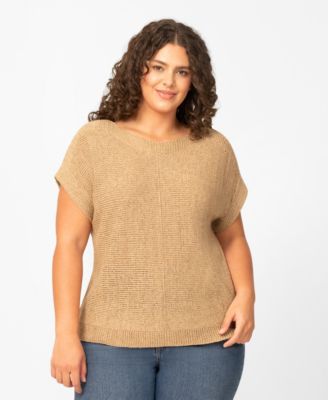 Plus Size Button Back Tape Yarn Short-Sleeve Knit Sweater