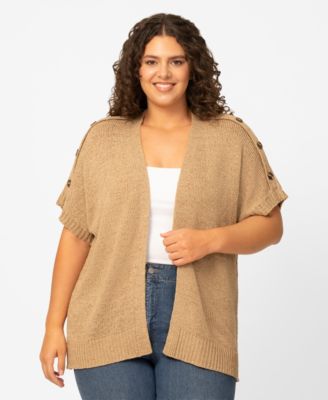 Plus Size Button Shoulder Flyaway Open Front Cardigan