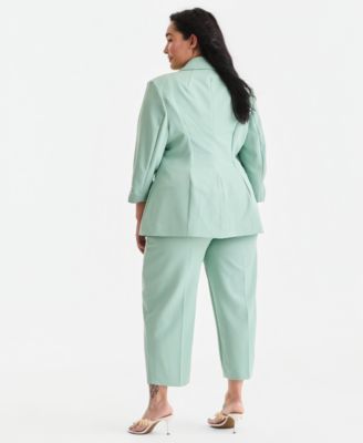 Plus Size Kiss-Front 3/4-Sleeve Blazer & Straight-Leg Pants