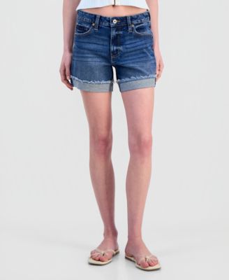Juniors' Cuffed Raw Hem Mid Rise Denim Shorts