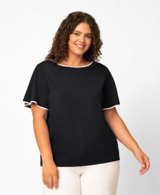 Plus Size Elbow Flare-Sleeve Boat Neck Sweater Knit Top