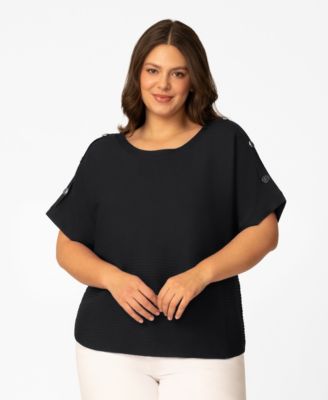 Plus Size Vertical Rib Button Short-Sleeve Sweater