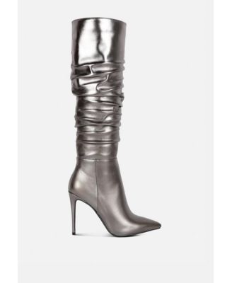 NEW-EXPRESSION Womens Metallic Ruched Stiletto Knee Boots