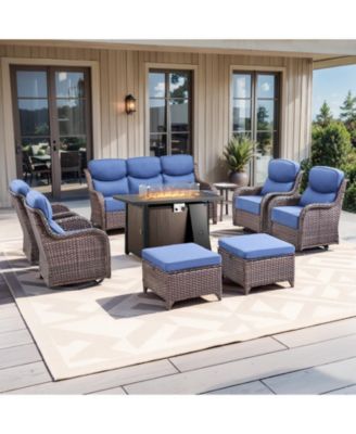 Crescent Brown Wicker Fire Pit Conversation Set with Olefin 6 In. Thick Cushions Patio Swivel Chairs (9-Piece)