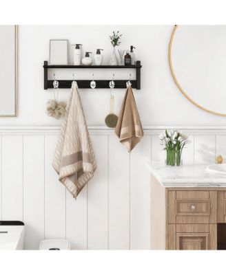 Black Oak Finish Coat Rack with Hooks and Shelf