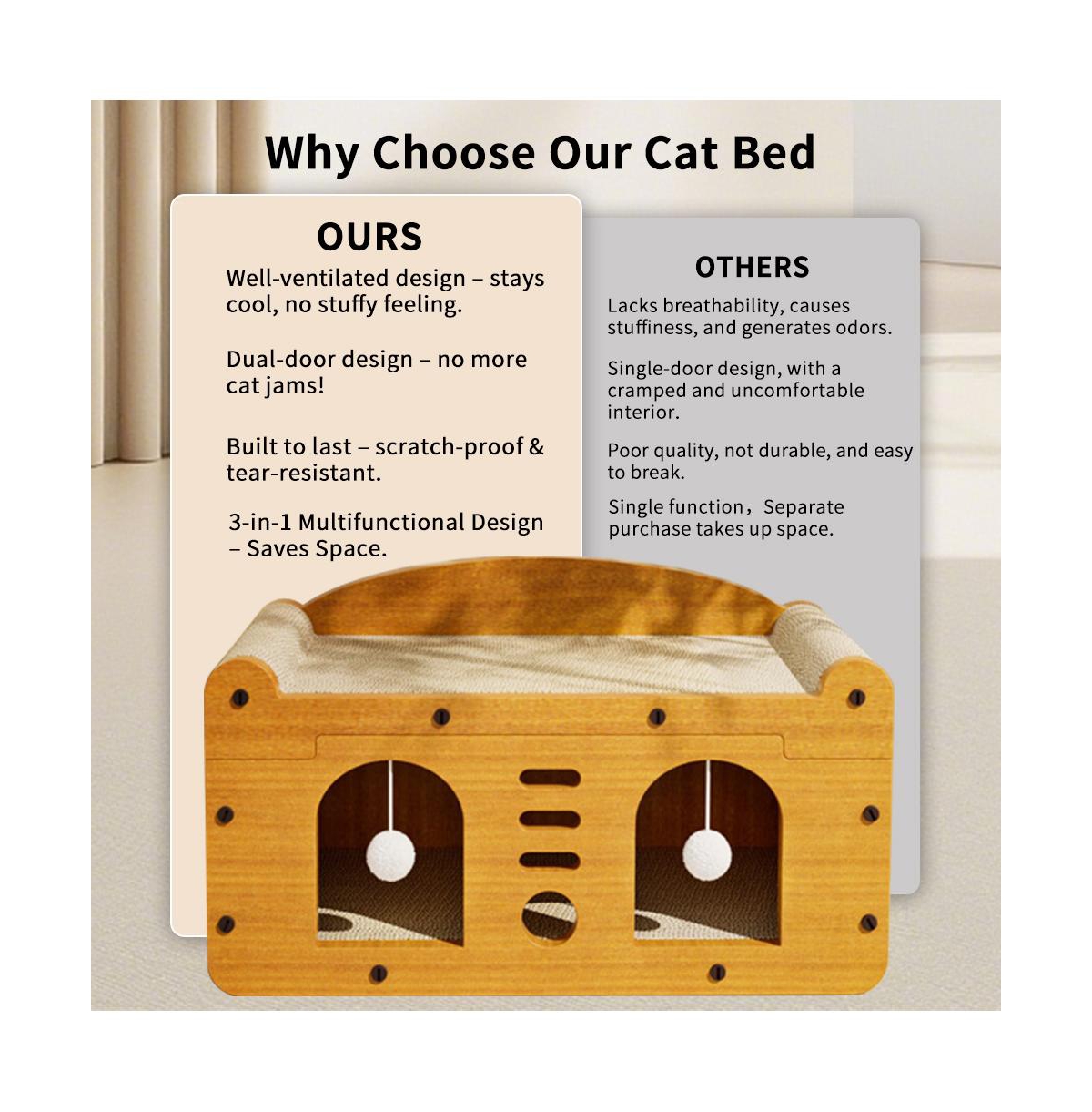 Aostirmotor Elevated Wooden Cat Bed & Condo with Scratching Pad & Interactive Toys