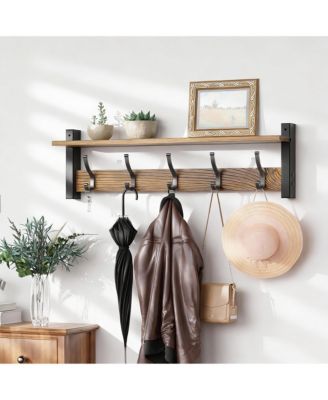 5-Hook Wall Coat Rack with Shelf, 80 lbs Capacity, Vintage Brown