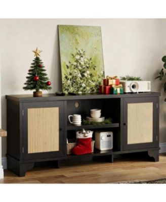 Rattan TV Stand for 65 in TV, Boho Entertainment Center with Cabinets & Open Shelves