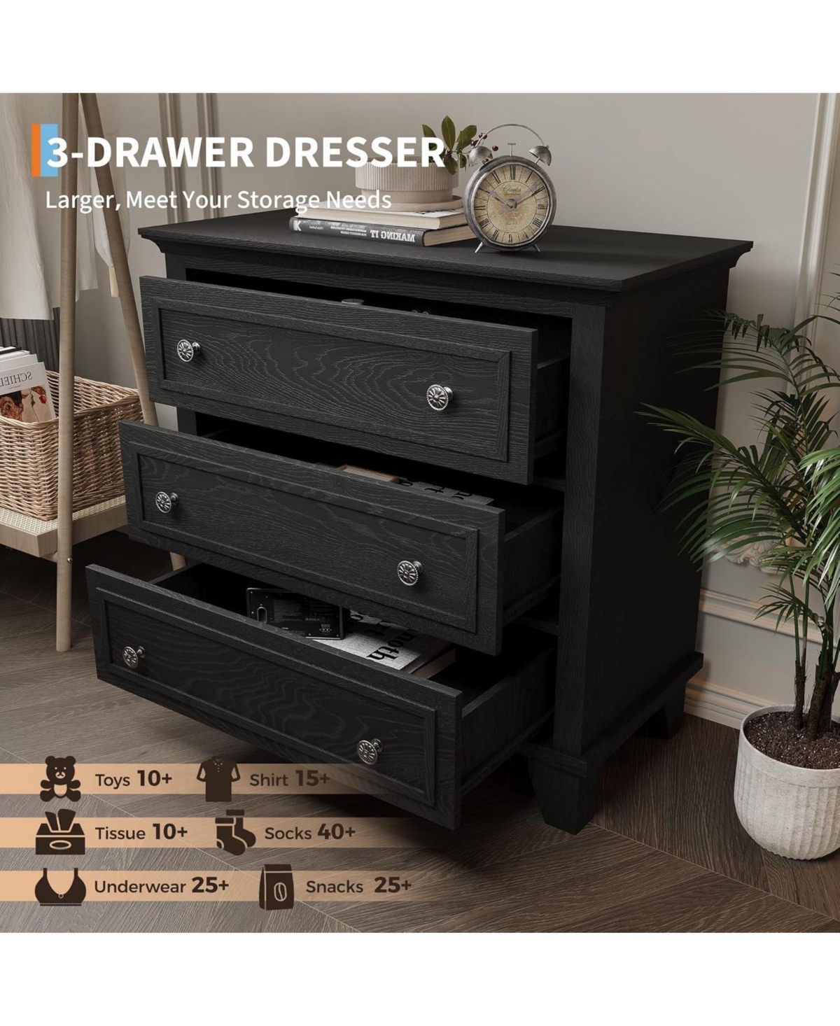 gaomon 3 Drawer Dresser, Wooden Storage Chest of Drawers with Exquisite Metal Handles, Small Cabinet, Modern Design Dresser