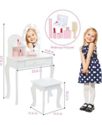 White Kids Princess Vanity Toy Set, Lighted Makeup Desk for Pretend Play Fun