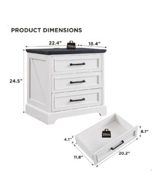1PC Off White Farmhouse Nightstand, 22 Inch 3-Drawer End Table with Charging Station & Bar Handles