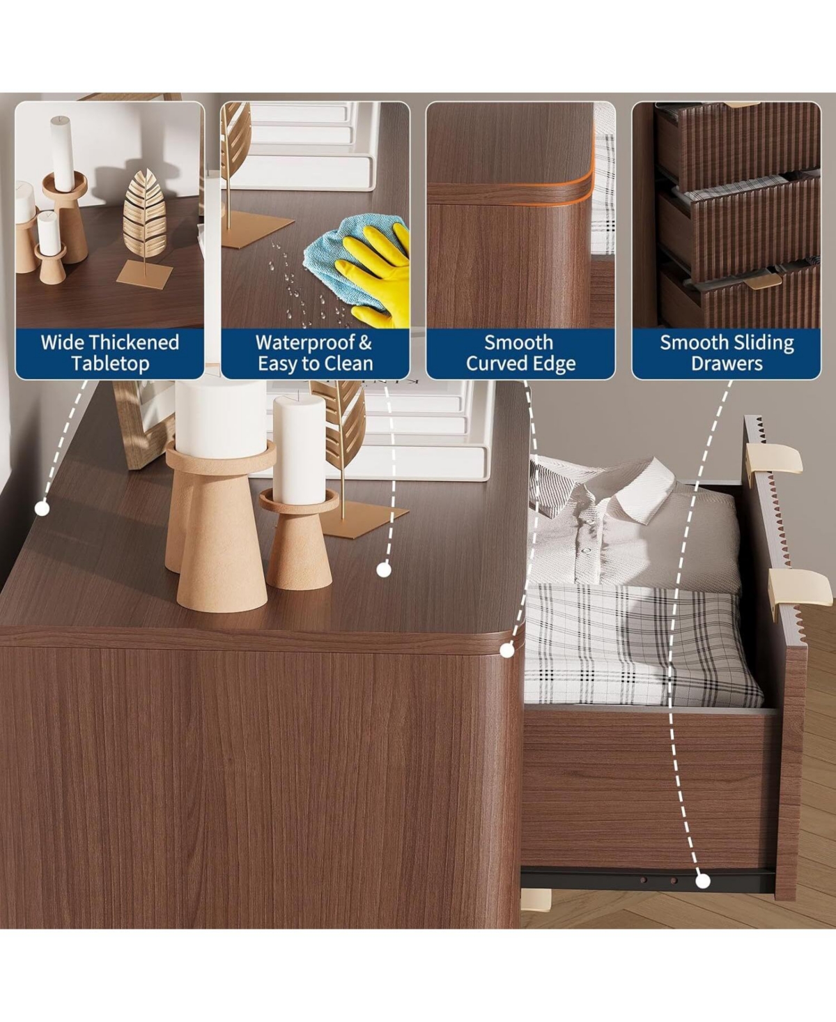 gaomon 32 Inch Walnut Modern Fluted Nightstand, 3-Drawer Bedside Table with Faux Marble Top