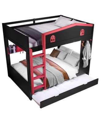 Queen Bunk Bed w/Trundle & Storage Shelves, Solid Wood, Black&Red
