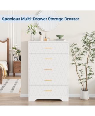 5 Drawer Tall Wood Dresser for Bedroom, Wooden Chest of Drawers with Gold Handles for Closet, Modern Storage Cabinet