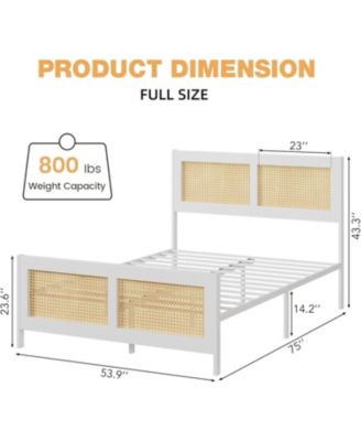 Rattan Bed Frame with Headboard, Boho Full Size Bed Frame with Strong Metal Slats Support, No Box Spring Needed, Noise-Free Design