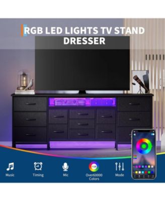 70 Inch Long Dresser with 13 Drawers, TV Stand for 65-80 Inch TV with Charging Station LED Lights, Fabric Storage Organizer for Bedroom