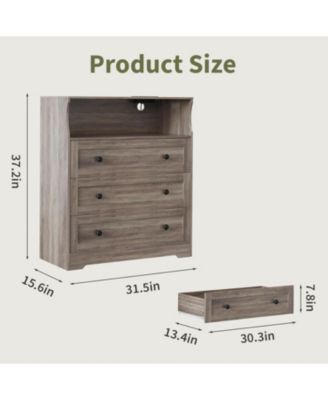 3 Drawer Tall Dresser for Bedroom with LED Lights, Wood Dresser with Charging Station for Closet, Wooden Nightstand for Bedside