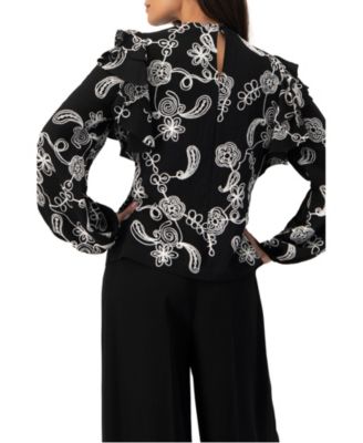 Women's Blouse with White Embroidery and Ruffle Detail