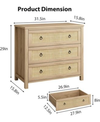 Dresser for Bedroom Rattan Chest of Dressers 29 in Tall Dresser for Closet with 3 Rattan Drawers Boho Night Stand Large Clothes Storage Cabinet
