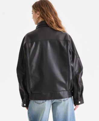 Women's Faux-Leather Zip-Front Bomber Jacket