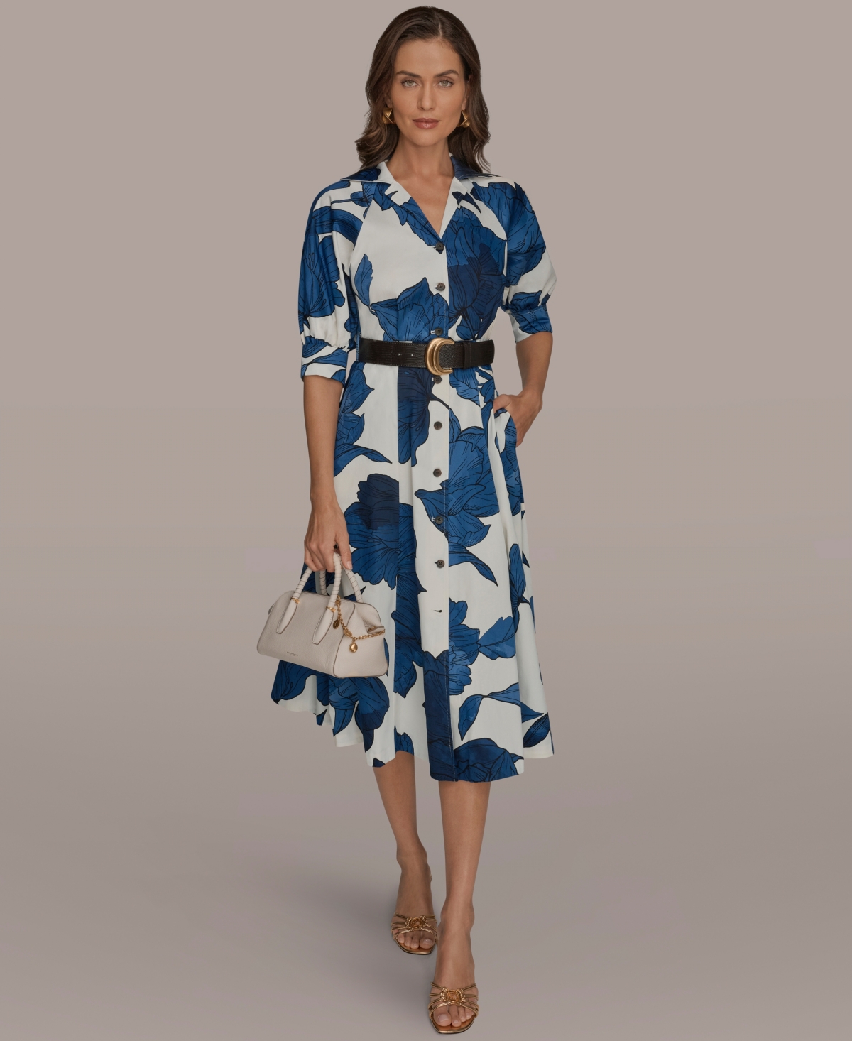 Donna Karan New York Women's Floral Belted A-Line Shirt Dress