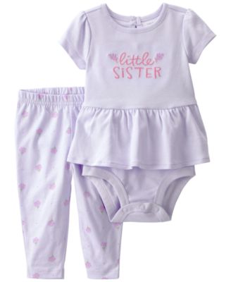 Baby Girls' 'Little Sister' Printed Short-Sleeve Bodysuit & Pants, 2-Piece Set