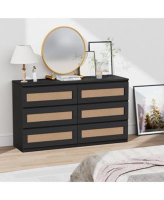 6 Drawer Double Dresser for Bedroom, Rattan Dresser for Bedroom with Smooth Mental Slide, Modern Wood Chest for Bedroom, Living Room, Hallway,