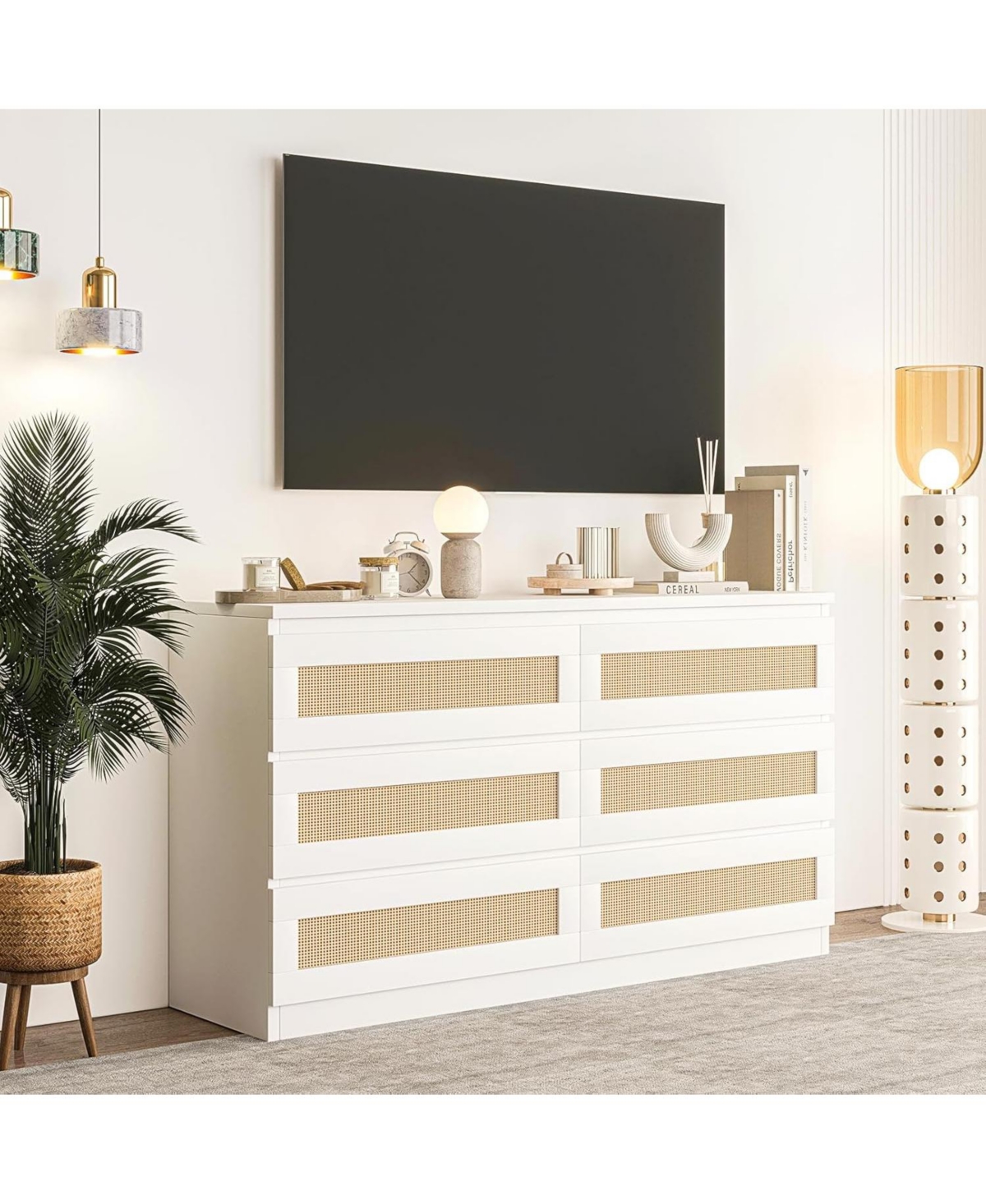 gaomon 6 Drawer Double Dresser for Bedroom, Rattan Bedroom with Smooth Mental Slide, Modern Wood Chest Living Room, Hallway,