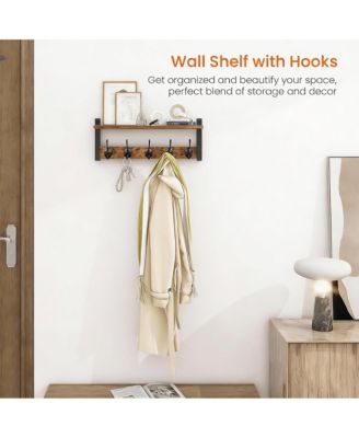 Rustic Brown & Black Iron Wall Hooks Shelf, 5 Hooks, Sturdy Storage, Easy Assembly