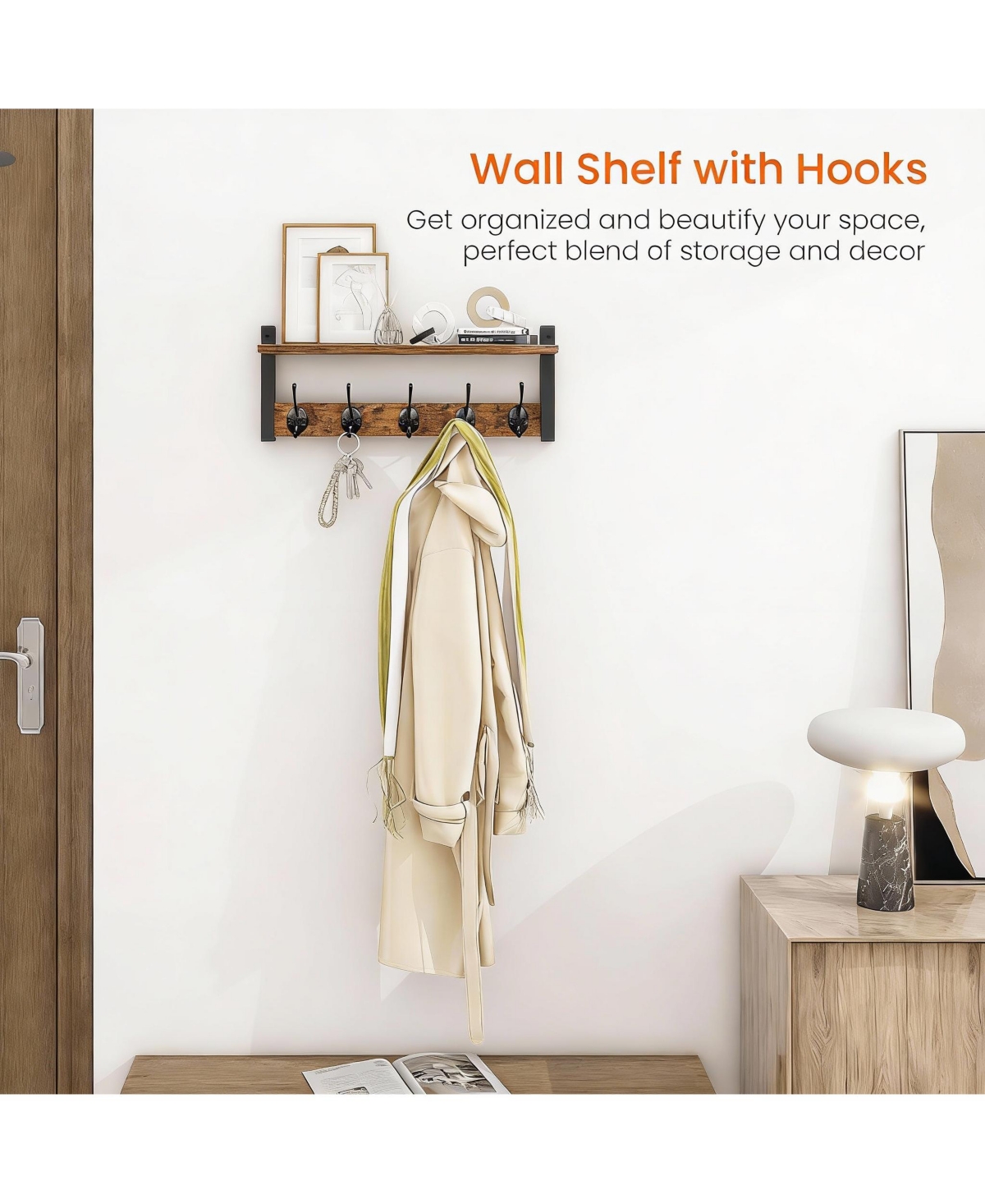 Yigii Rustic Brown & Black Iron Wall Hooks Shelf, 5 Hooks, Sturdy Storage, Easy Assembly