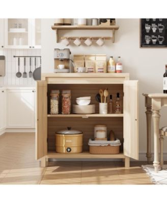 Mid Century Sideboard Buffet - 30 in Retro Storage Cabinet with Rattan Doors & Adjustable Shelves, Boho Chic Accent Console