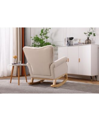 Modern High Back Nursery Rocking Chair Comfortable Fabric Padded Seat Armchair with Warm Wood Color Curved Legs for Baby Room Reading Corner