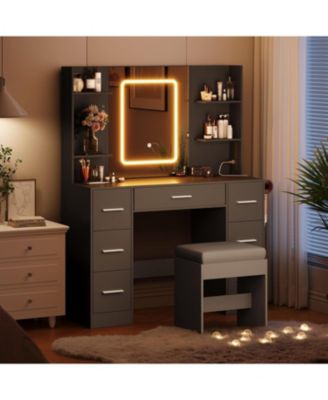 Black 7-Drawer Vanity Desk, Makeup Table with Touch-Control LED Light Mirror