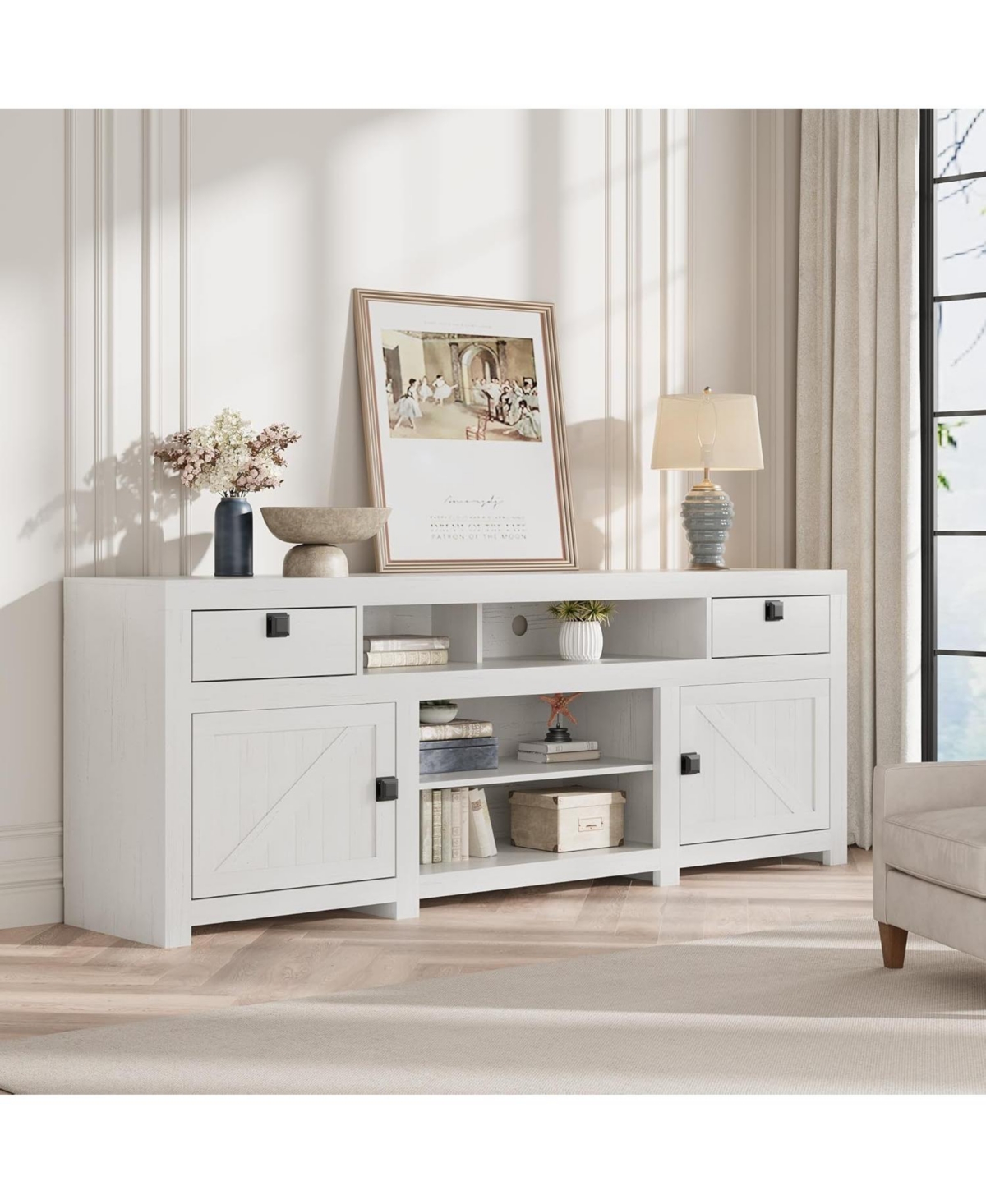 gaomon Farmhouse Tv Stand for 75/80 Inch TVs, 70" Long Entertainment Center with 4 Storage Drawers & 3 Open Shelf