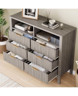 Modern 6-Drawer Double Dresser - 47'' Wide Fluted Wooden Chest of Drawers with 2 Open Shelves, Mid Century Storage Dresser Organizer