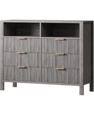 Modern 6-Drawer Double Dresser - 47'' Wide Fluted Wooden Chest of Drawers with 2 Open Shelves, Mid Century Storage Dresser Organizer