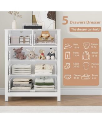 Dresser for Bedroom, Tall 5 Drawer Dresser with Deep Drawers Metal Knobs, Modern Wooden Double Chests of Drawers for Kids Bedroom