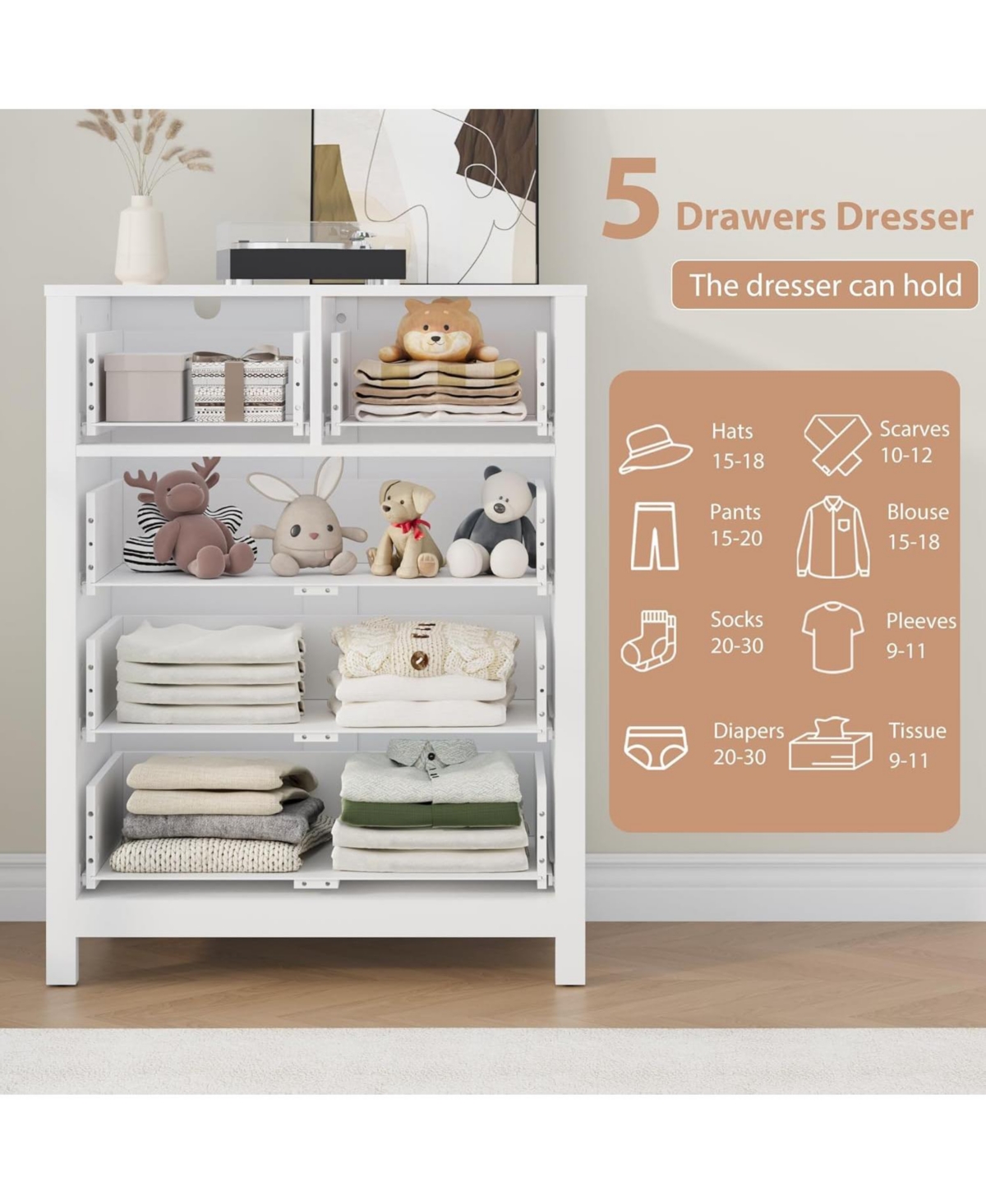 gaomon Dresser for Bedroom, Tall 5 Drawer with Deep Drawers Metal Knobs, Modern Wooden Double Chests of Kids Bedroom