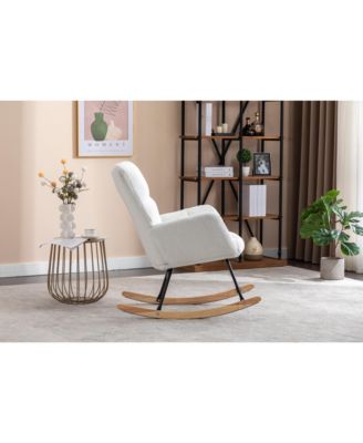 Ivory Teddy Fabric Nursery Rocking Glider Chair with Wooden Frame Metal Base Rocking Legs 250 LBS Capacity for Living Room Bedroom