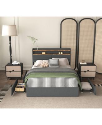 Queen Bed Frame with 4 Storage Drawers, LED Light, and Charging Station