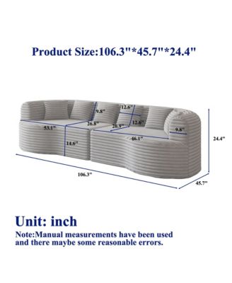 106.3" Luxury Corduroy Sofa 4-Seater with 6 Cushions, Curved Sectional Sofa