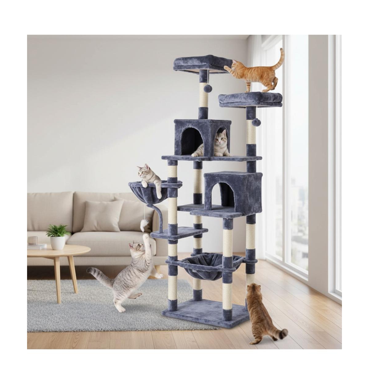 Zeus & Ruta 71in Cat Tree Tower: Large Multi-Story, Sisal Posts, Extended Platform, Hammock