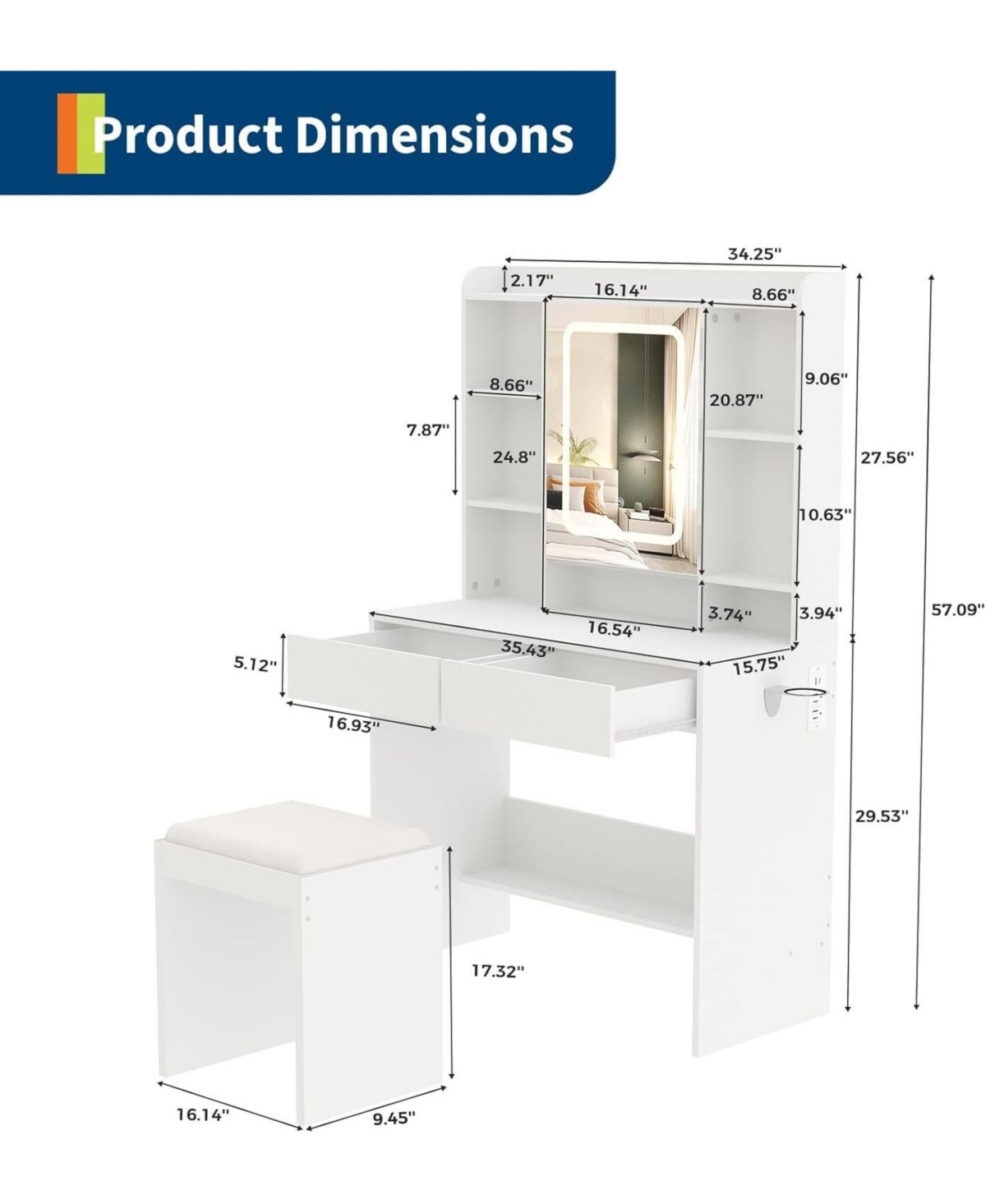 Gaomon White Lighted Vanity Desk with Usb Ports, Convenient Makeup Table for Bedroom Spaces