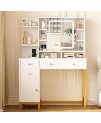 White LED Lighted Makeup Desk, Dressing Table with Built-in Power Outlet