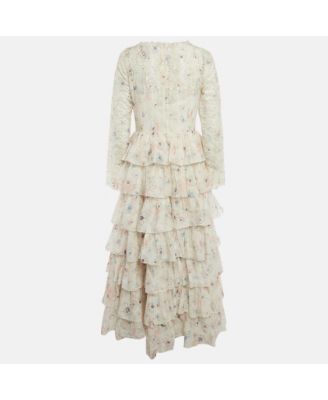 Women's White Floral Print Broderie Anglaise Tiered Halliday Gown