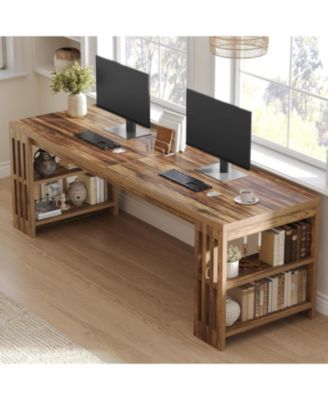 78.7" Long Desk, 2 Person Desk with Shelves, Large Wooden Computer Desk, Heavy Duty Shelf Legs Design