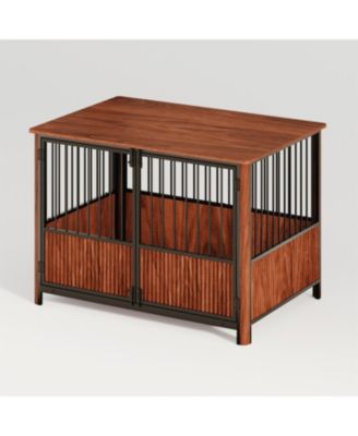43" Furniture Style Dog Crate End Table, Walnut Fluted Wood Pet House for Large Dogs, Double Door Design